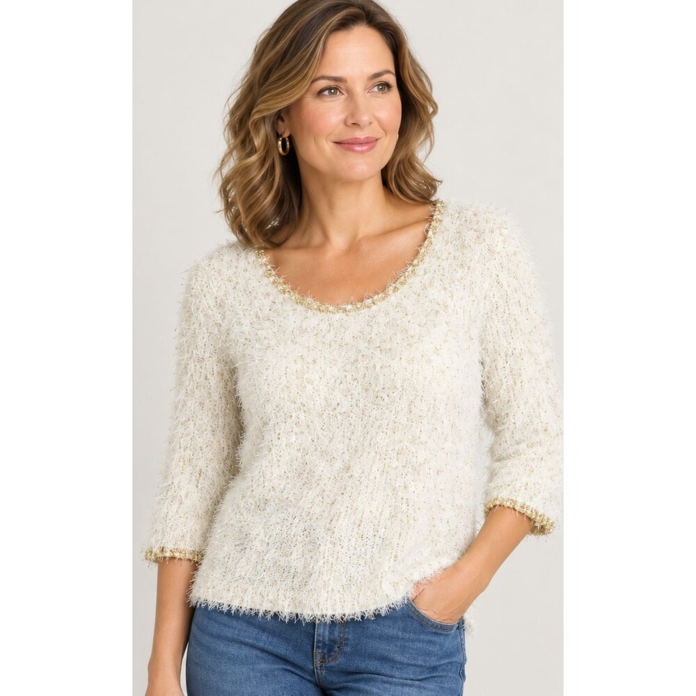 Chicos Fuzzy Knit Sweater 3/4 Sleeve Metallic Gold Ivory Sparkle HUGGABLE!! Sz 1